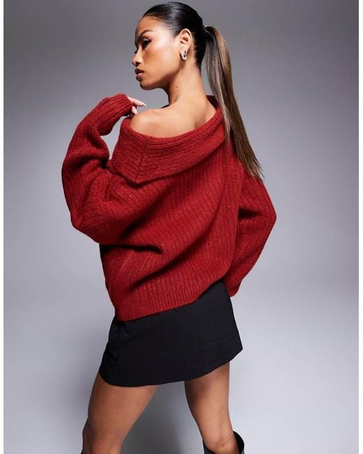 ASOS Red Oversized Knitted Off Shoulder Jumper