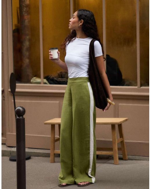 Threadbare Green Side Stripe Linen Blend Wide Leg Trousers