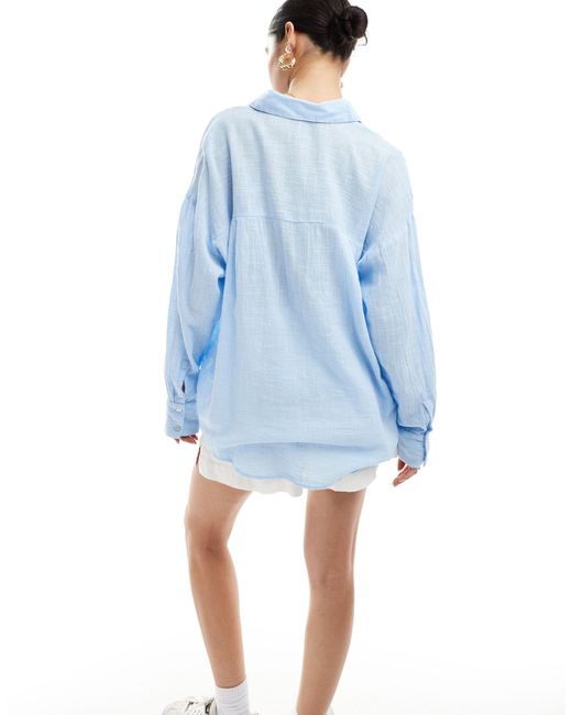 Pull&Bear Blue Oversized Long Sleeve Linen Shirt
