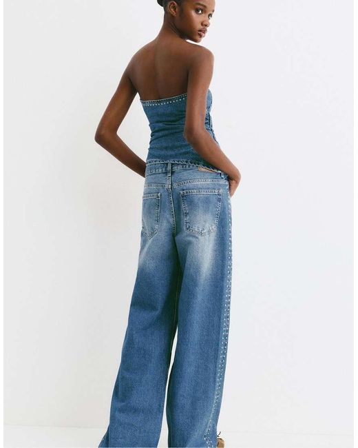 Pull&Bear Blue Studded Wide-Leg Jeans