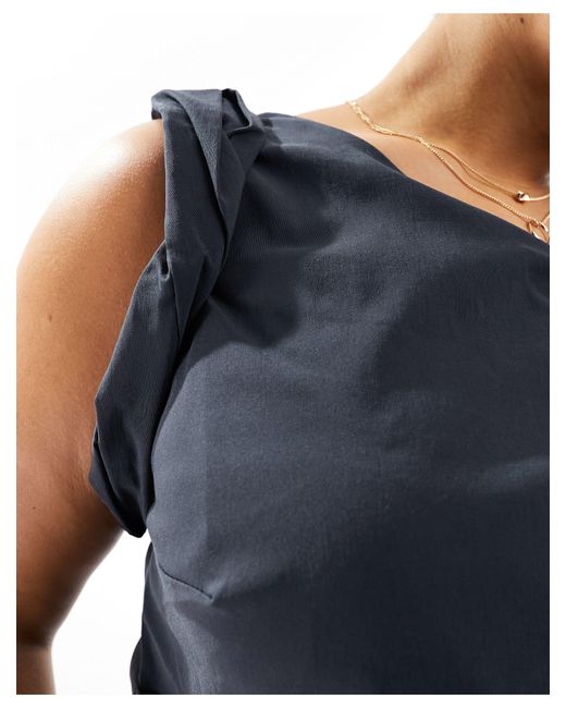 ASOS Blue Asos Design Curve Bengaline Fallen Shoulder Midi Dress With Ruched Waist And Twist Shoulder Detail