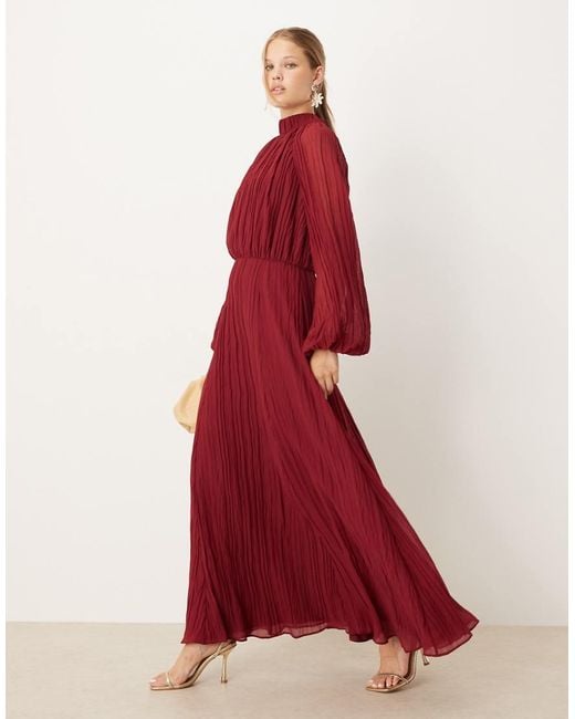 ASOS Red High Neck Crinkle Maxi Dress With Blouson Sleeve