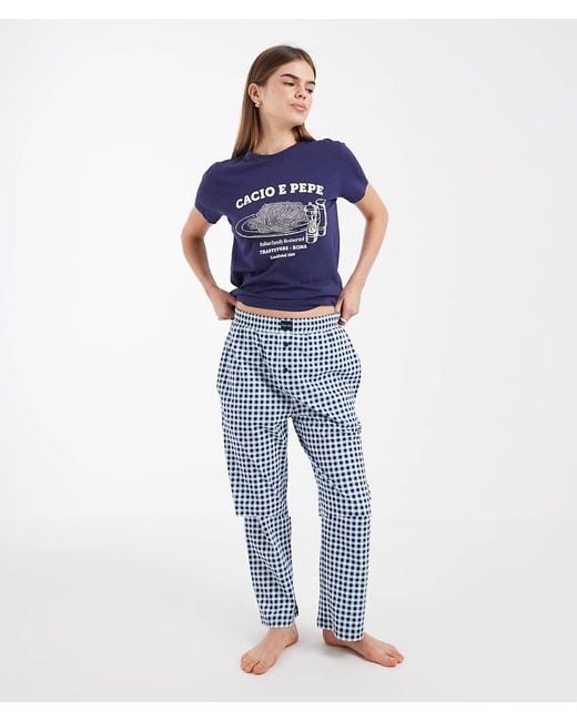 Brave Soul Blue Cotton 'cacio E Pepe' Graphic Print T-shirt And Check Pants Pyjama Set