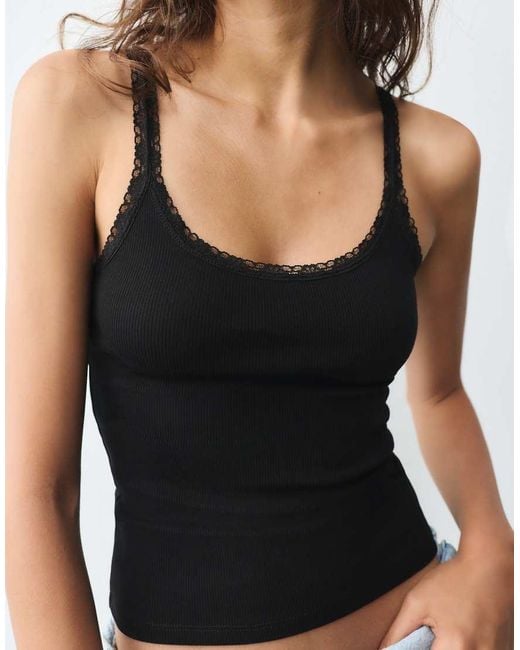 Pull&Bear Black Lace-trim Tank Top