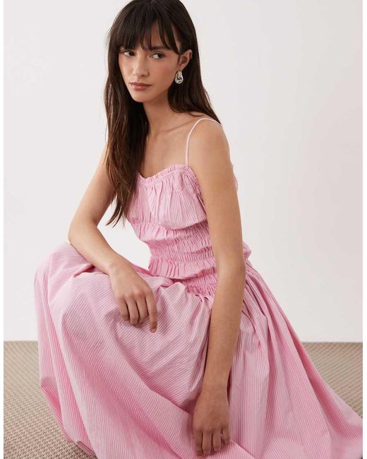 ASOS Pink Shirred Cotton Poplin Maxi Sundress With Dropped Waist