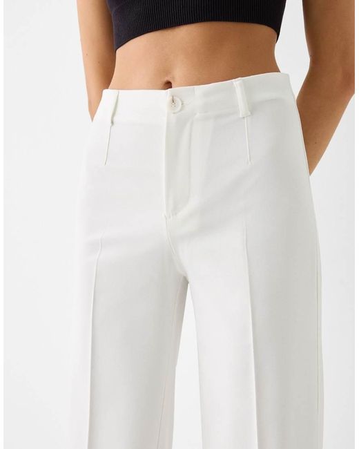 Bershka White Wide-Leg Tailoring Trousers