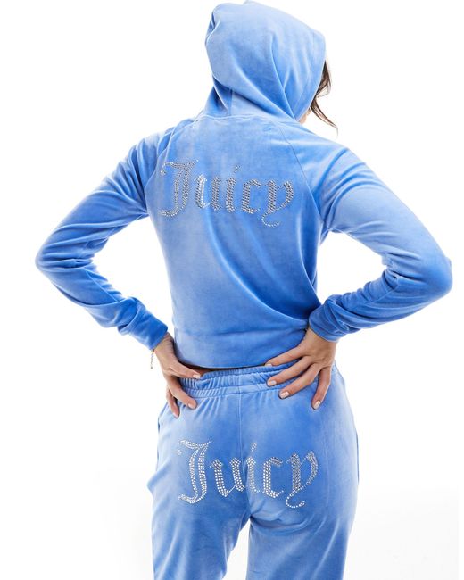 Juicy Couture Blue Diamante Logo Velour Zip Through Hoodie Co-ord