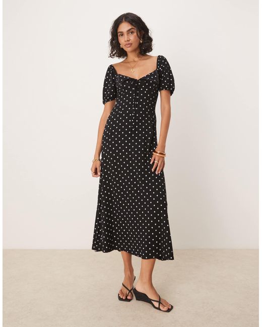 ASOS Natural Scalloped Collar Puff Sleeve Seam Detail Midi Tea Dress