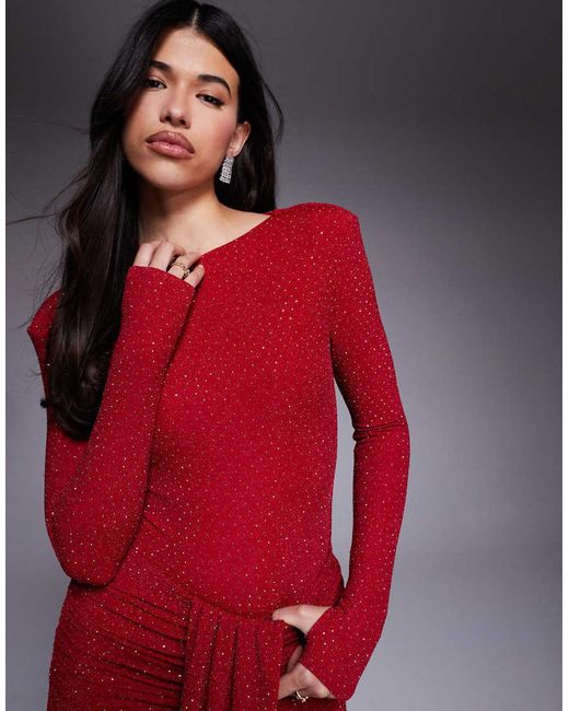 Wanderdoll Red Nara Sculpted Hotfix Slash Neck Bodysuit Co-Ord