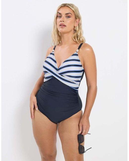 Yours Clothing Blue Stripe Plunge Swimsuit
