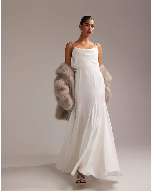 ASOS Natural Cowl Neck Satin Cami Maxi Wedding Dress With Godets