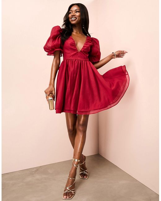 ASOS Red Plunge Puff Sleeve Mini Dress