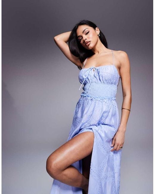 Love Triangle Purple Embroidered Midaxi Dress With Shirred Waist And Lace Up Back