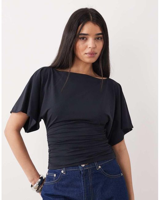 Abercrombie & Fitch Blue Slash Neck Flutter Sleeve Top