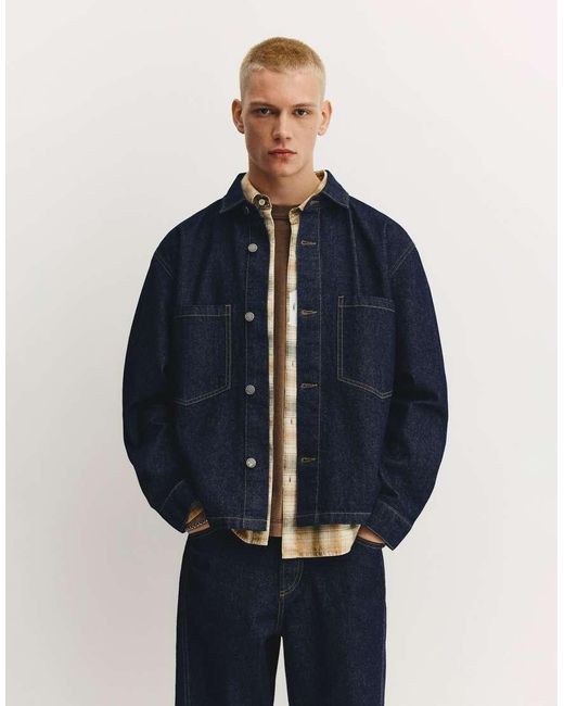 Pull&Bear Blue Denim Shirt With Pockets for men