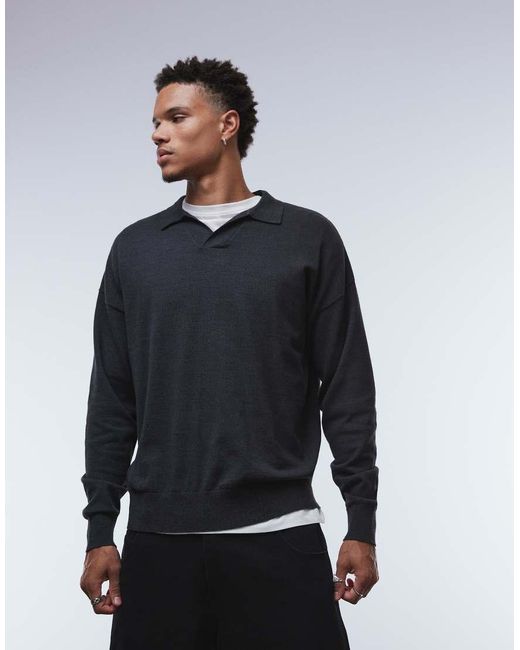 Polo Gris Carbón Jaspeado Holgado De Manga Larga Con Muesca En El Cuello De Punto De ASOS de hombre de color Black