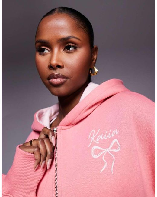 Kaiia Pink Embroidered Bow Logo Cropped Zip Through Hoodie Co-ord