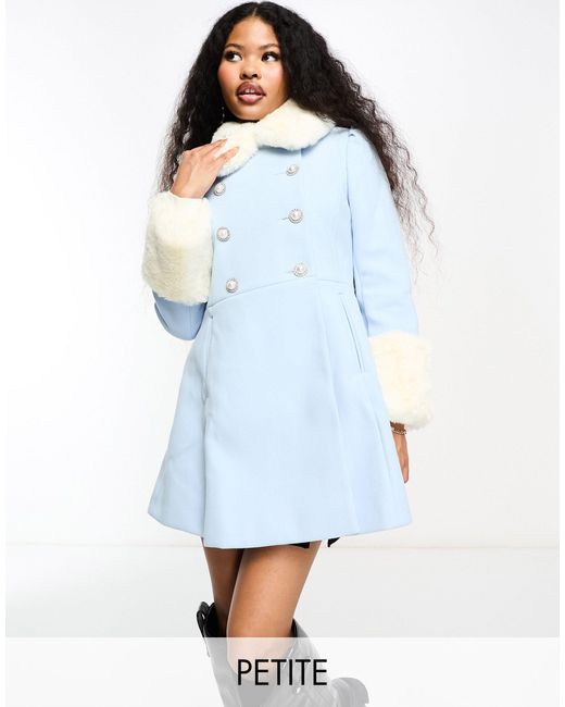 Miss Selfridge Blue Petite Faux Fur Collar And Cuff Dolly Coat