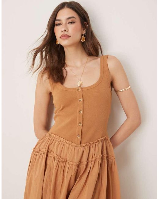 ASOS Natural Scoop Button Ribbed Bodice With Poplin Skirt Maxi Dress