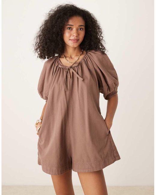 ASOS Brown Soft Denim Playsuit With Balloon Sleeves
