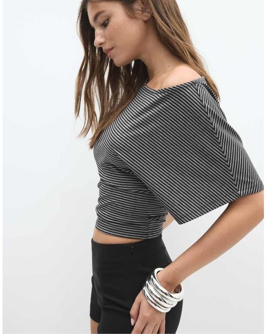 Stradivarius Gray Striped Print T-shirt