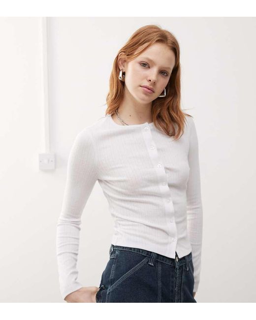 Collusion White Long Sleeve Pointelle Cardigan