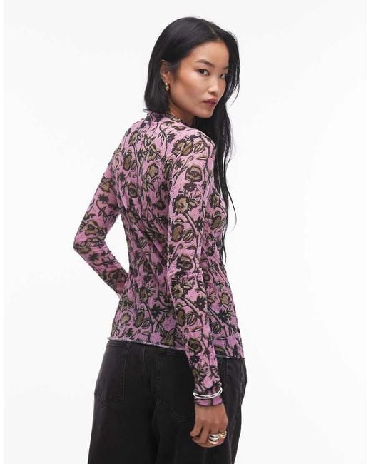 Top De Manga Larga Con Estampado Floral De Tejido Rugoso De TOPSHOP de color Red