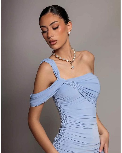 Goddiva Blue One Shoulder Asymmetric Twist Maxi Dress