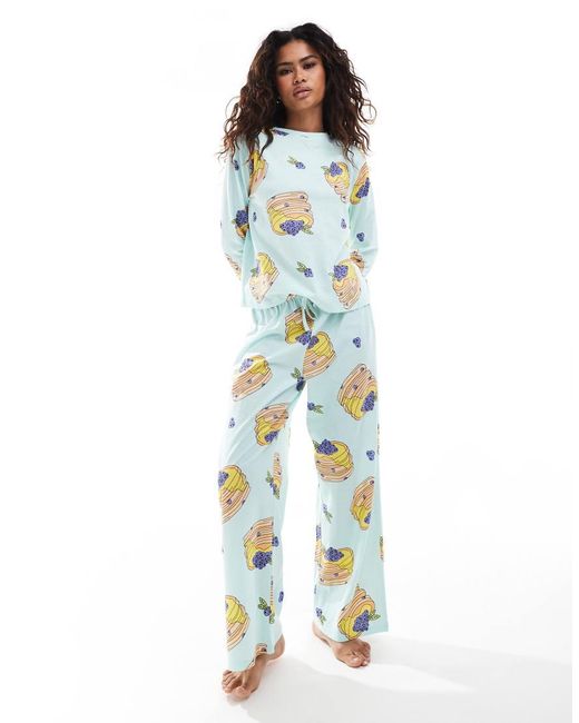 ASOS Blue Pancakes Long Sleeve Top & Trouser Pyjama Set