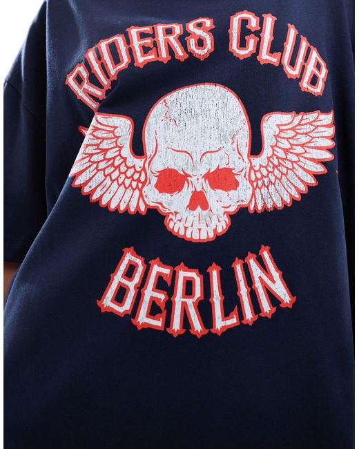 T-shirt pesante boyfriend con stampa "riders club rock" di ASOS in Blue