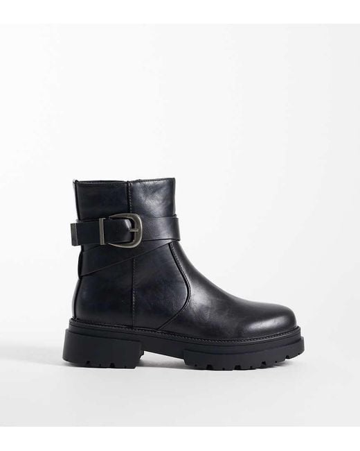 SEQWL Wide Fit Black Perth Chunky Buckle Detail Boots