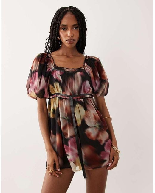 Miss Selfridge Red Chiffon Ribbon Milkmaid Playsuit
