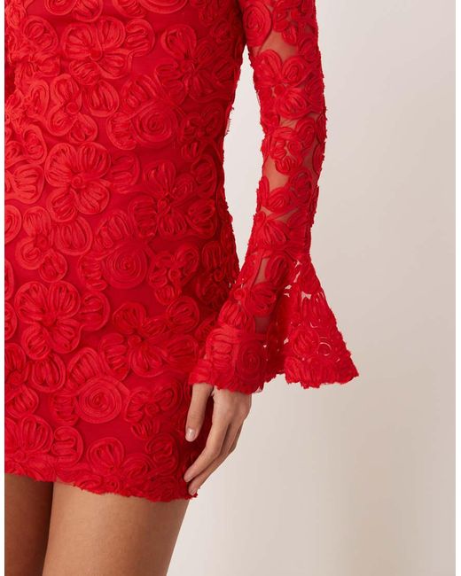 Gina Tricot Red Long Sleeve Embroidery Mini Dress With Open Back