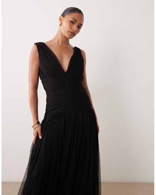 LACE & BEADS Black Bridesmaid Tulle Sleeveless Dropped Waist Tiered Hem Maxi Dress