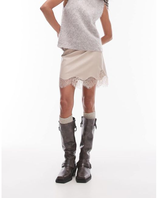 TOPSHOP White Faux Leather Lace Insert Mini Skirt
