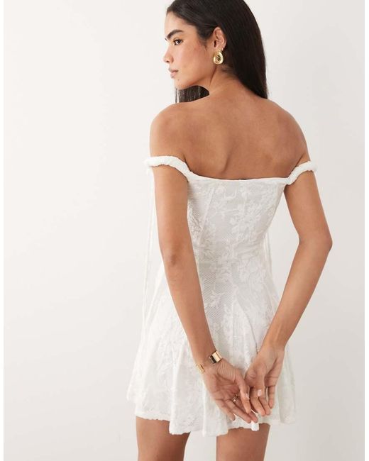 ASOS White Devore Bardot Twist Strap Mini Dress With Godets