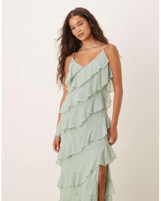 Vila Green Asymmetric Frill Maxi Dress With Side Split