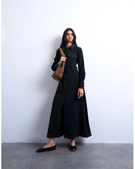 TOPSHOP Blue Contrast Stitch Long Sleeve Midi Shirt Tie Shirt Dress