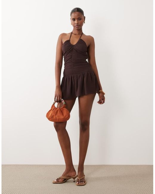 The Frolic Natural Exclusive Chiffon Cross Front Halterneck Asymmetric Mini Dress