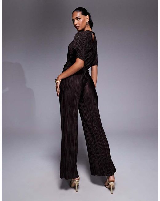 ASOS Natural Plisse Plunge Short Sleeve Wrap Waist Jumpsuit