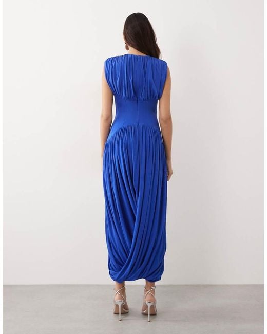 ARRANGE Blue Gathered Drape Maxi Dress With Cinched Waist