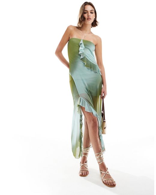ASOS Green Mesh Bandeau Midi Dress With Frill Detail