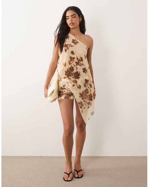 ASOS Natural Co-ord Printed Stretch Chiffon Asymmetric Cape Top