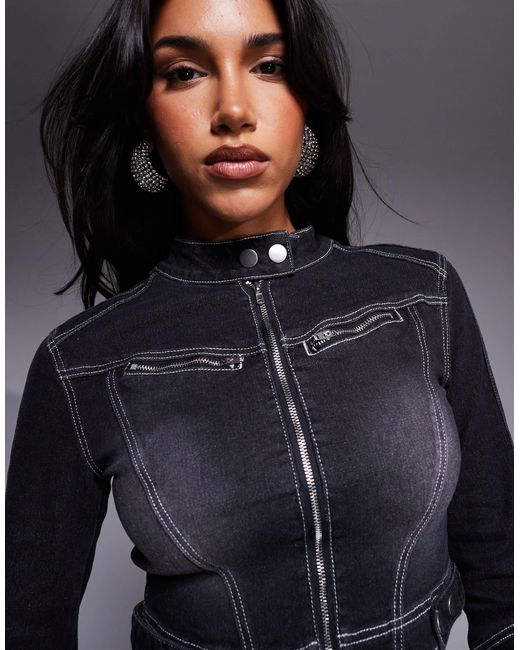 Liquor N Poker Blue Contrast Stitch Biker Jacket With Buckle Detail