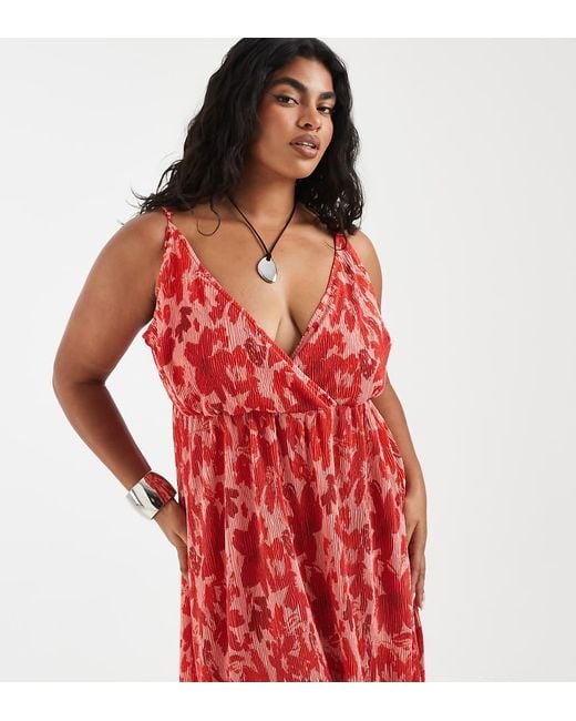 Pieces Plus Red Pieces Curve Wrap Detail Cami Plisse Maxi Dress