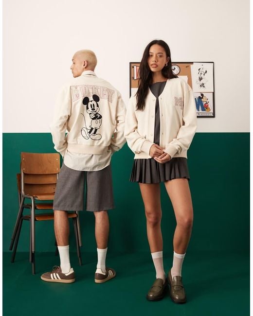 ASOS Natural Disney Unisex Oversized Cream Cardigan With Mickey Mouse Embroidered Print for men