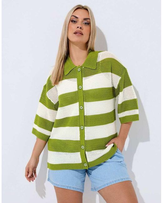 Yours Clothing Green Stripe Boxy Knitted Shirt