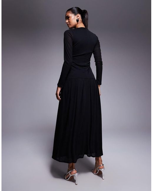ASOS Blue Textured Ribbed Long Sleeve Ruched Front Maxi Dress
