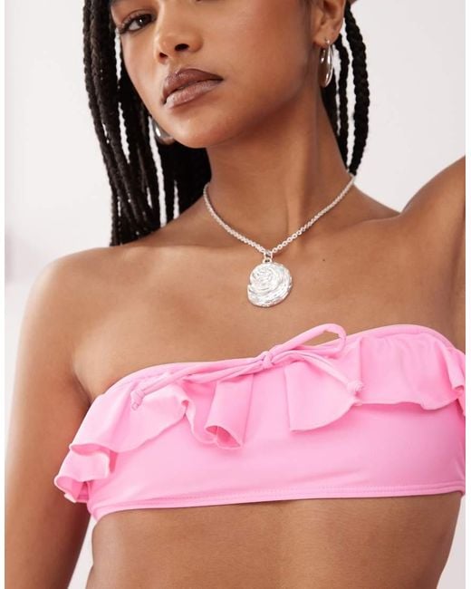 Reclaimed Vintage Pink Bandeau Bikini Top With Ruffles And Tie Front