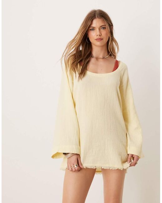 ASOS Natural Callie Cheesecloth Frayed Long Sleeve Reversible Beach Dress